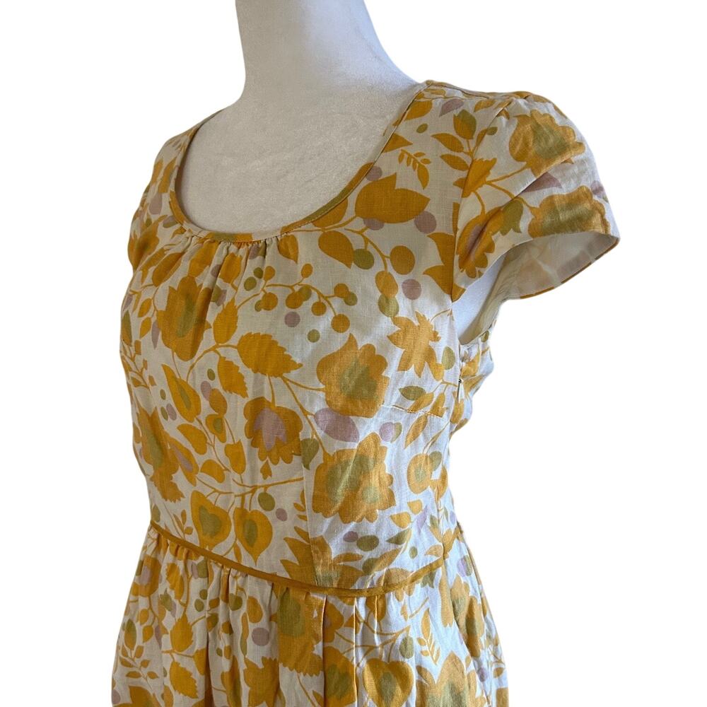 Boden Linen Dress Yellow Floral A Line Knee Length Summer Cottagecore Cap Sleeve - Picture 4 of 11